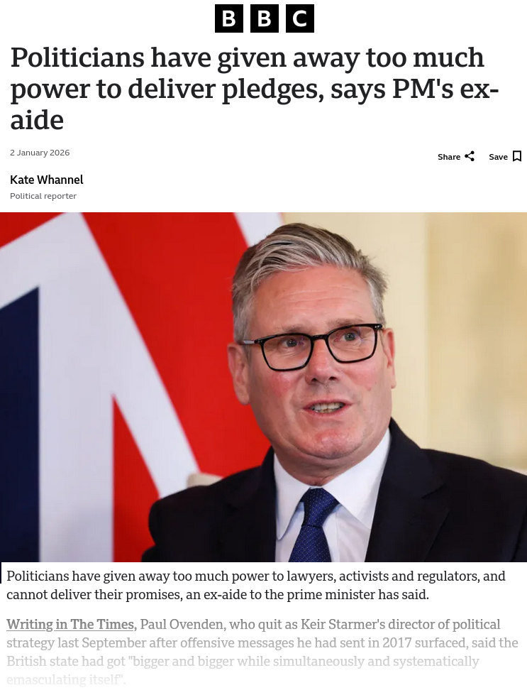 BBC - Politicians have given away too much power to deliver pledges, says PM's ex-aide - 2026-01-02